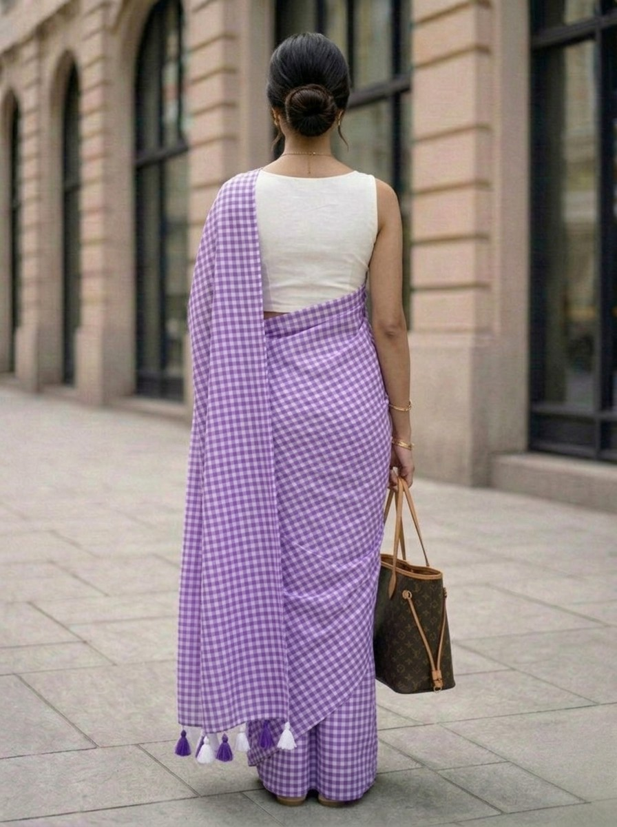 Wisteria Lane - Purple Gingham Mulmul Cotton Saree