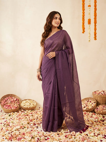 Merlot Gold - Purple Striped Mul Cotton Zari Saree