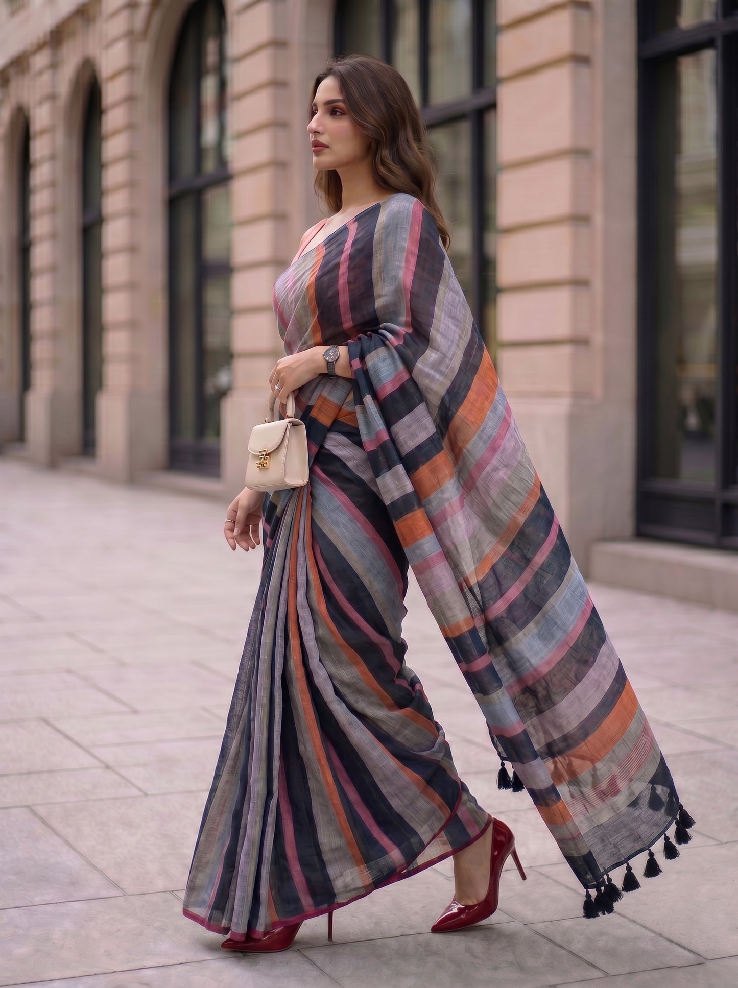 Crosswalk - Multicolour Striped Pure Handloom Linen Saree