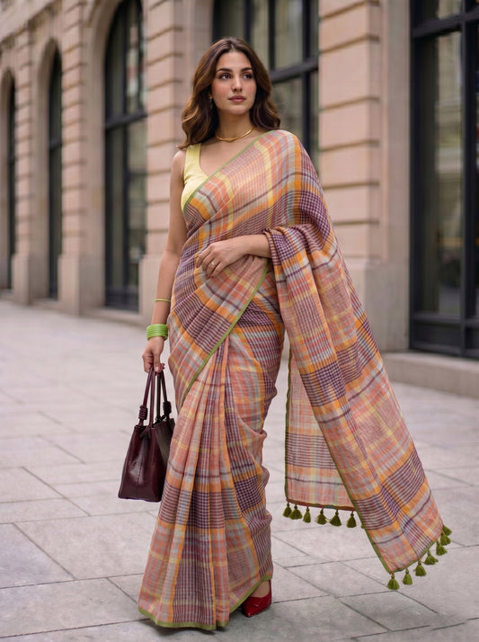 Boardroom - Multicolour Checked Pure Handloom Linen Saree