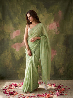 Raab - Green Striped Mul Cotton Zari Saree