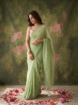 Raab - Green Striped Mul Cotton Zari Saree