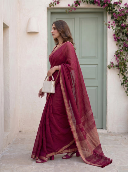 Main Event - Burgundy Red Pure Handloom Linen Saree with Zari border