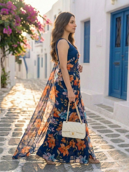 Florina - Navy Blue Floral Print Pure Chiffon Saree