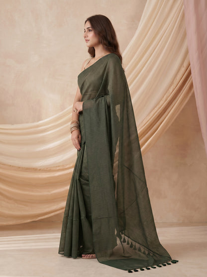 Emerald - Green Striped Mul Cotton Zari Saree