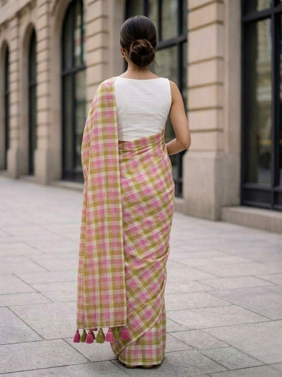 Morning Dew - Pink Lime Gingham Mulmul Cotton Saree
