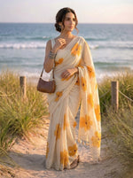 Apricot Bloom - Beige Handpainted Mul Cotton Saree