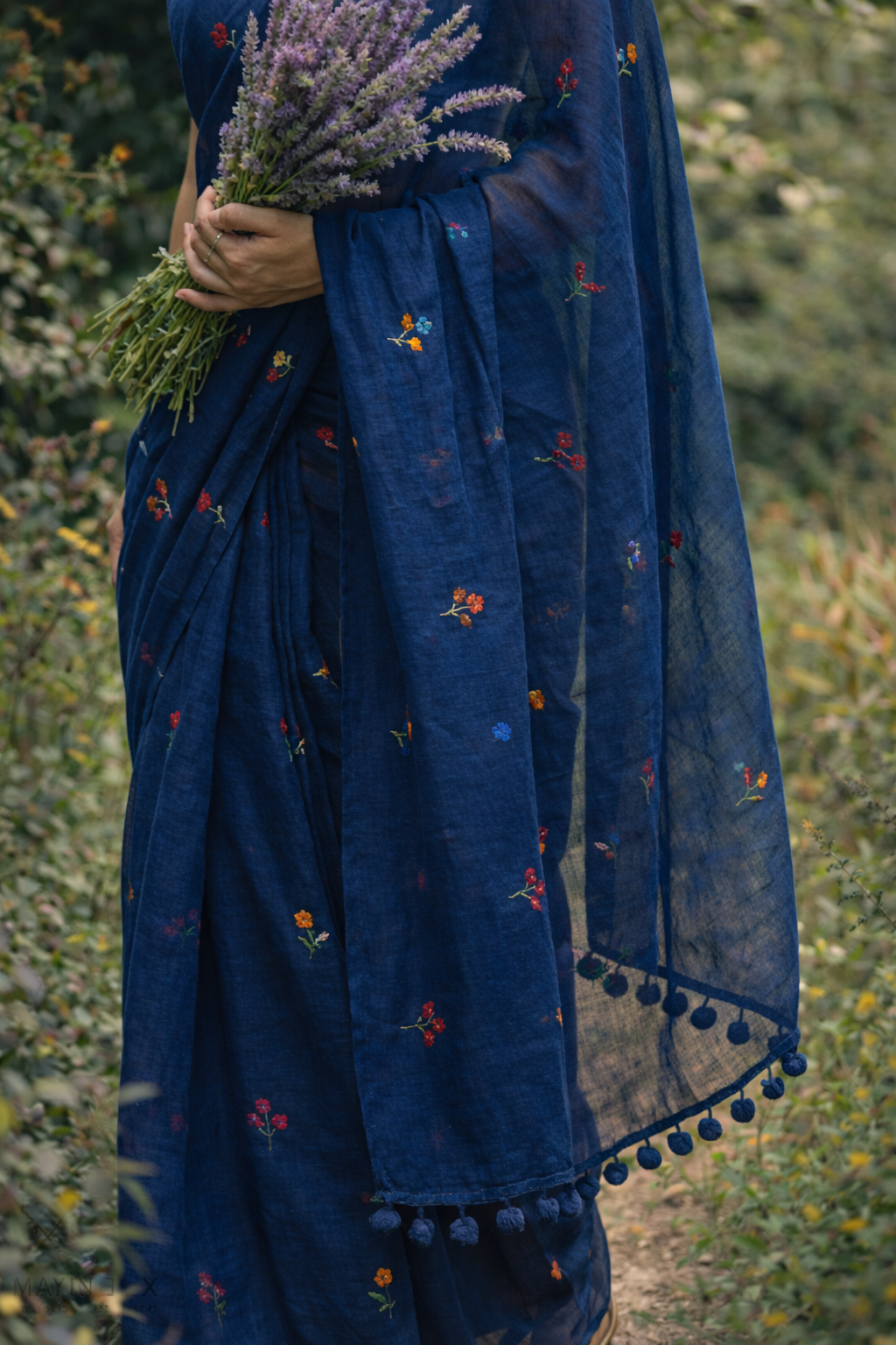 Gardenalia Royal Blue - Embroidered Mulmul Cotton Saree