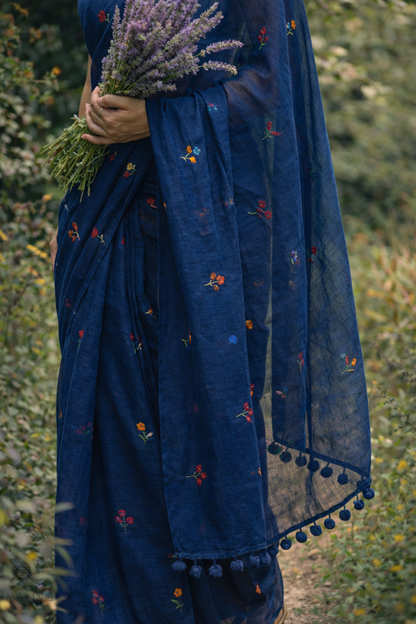 Gardenalia Royal Blue - Embroidered Mulmul Cotton Saree