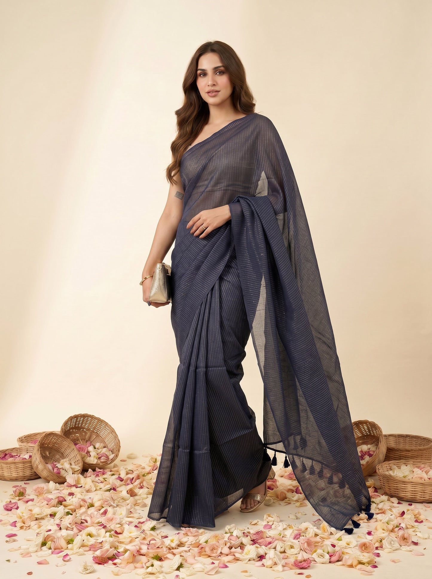Magic At Midnight - Blue Striped Mul Cotton Zari Saree