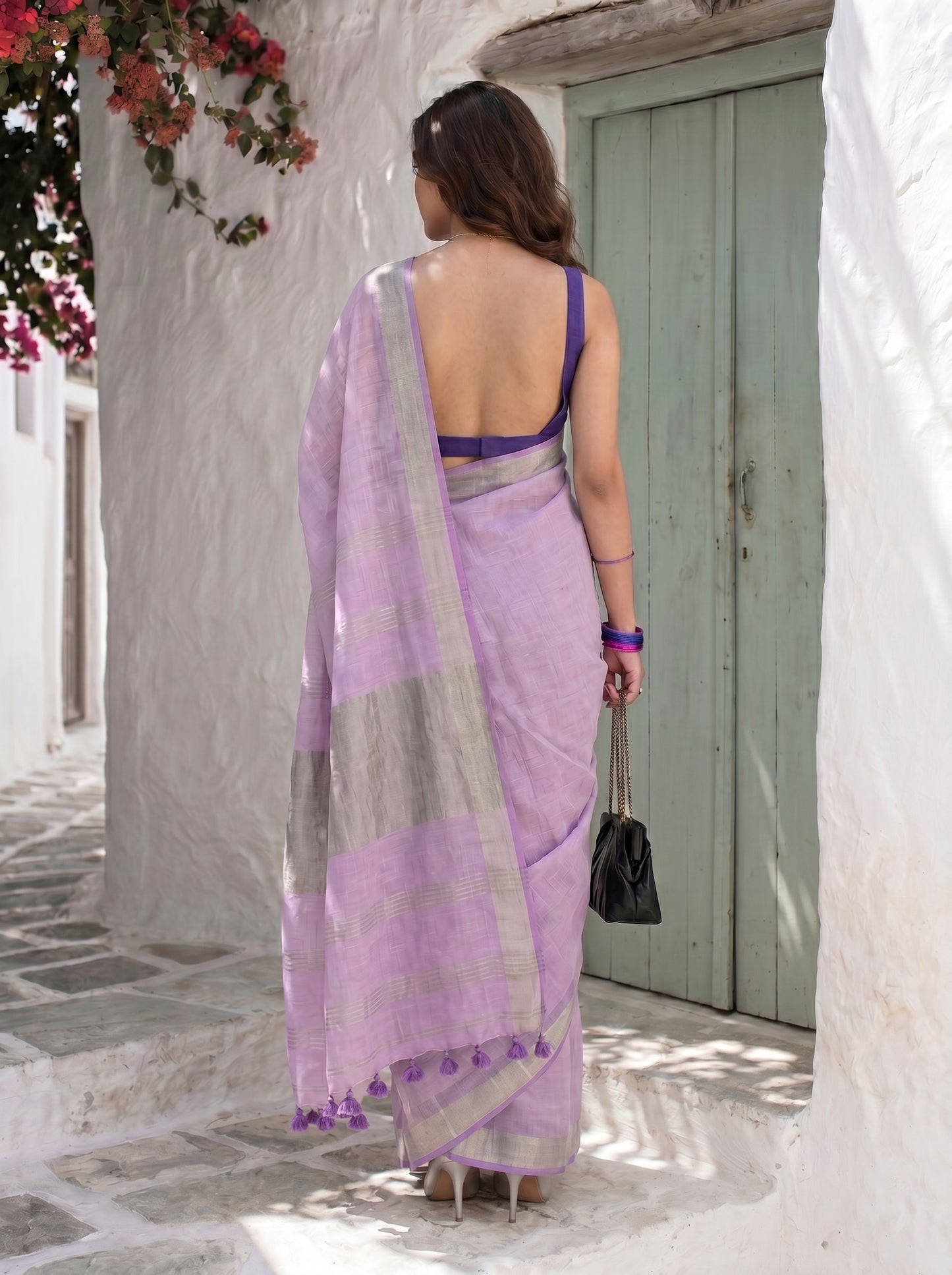 Calm - Lavender Purple Pure Handloom Linen Saree with Zari Border