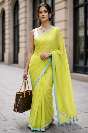 Limelight - Lime Green Mulmul Cotton Saree with Blue Border