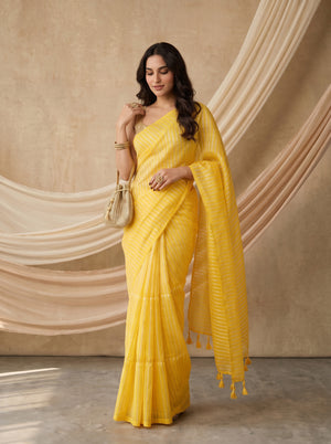 Samriddhi - Yellow Striped Mul Cotton Zari Saree