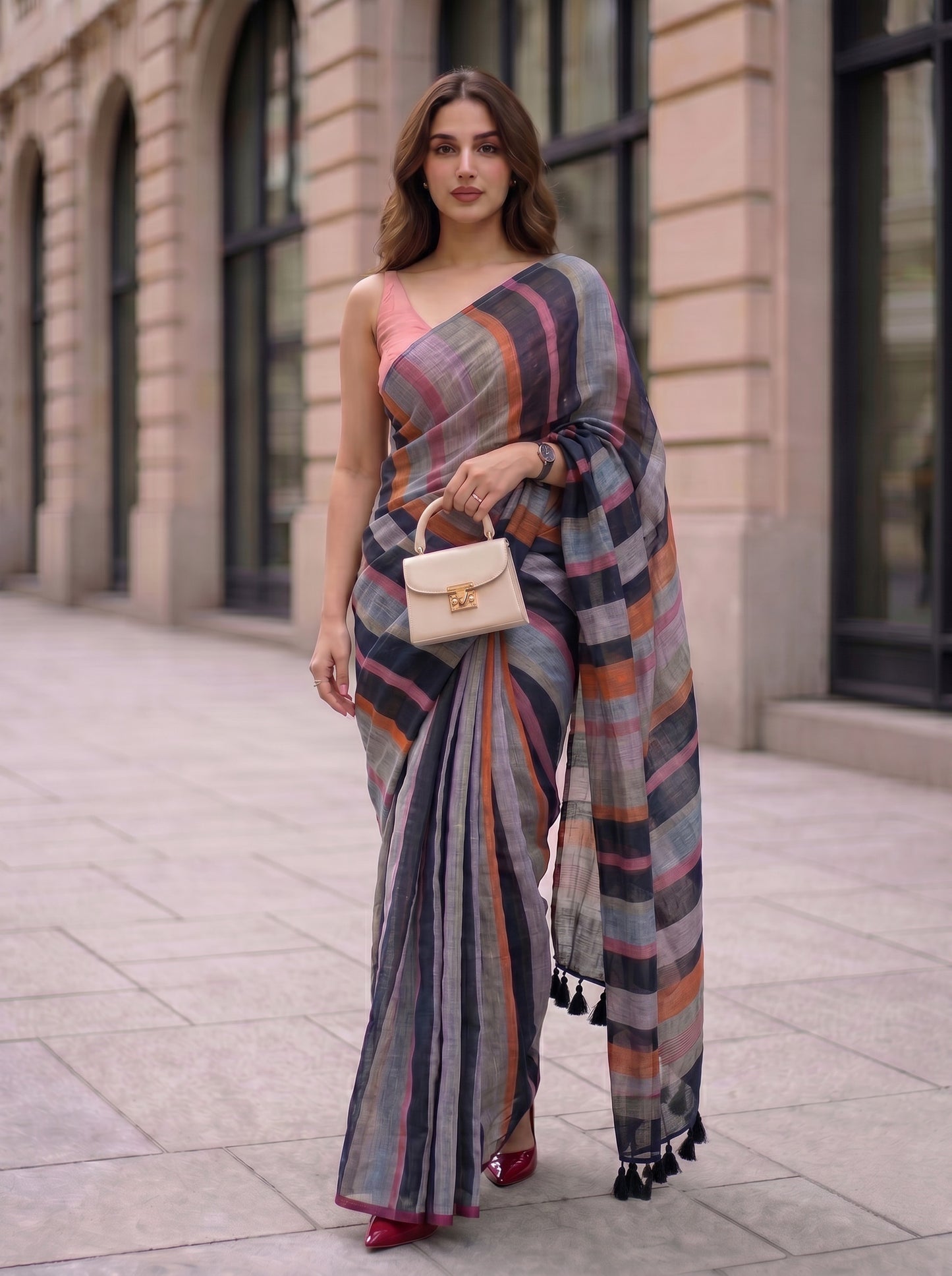 Crosswalk - Multicolour Striped Pure Handloom Linen Saree