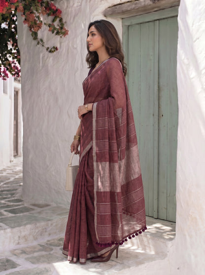 After Hours - Wine Red Pure Handloom Linen Saree with Zari border