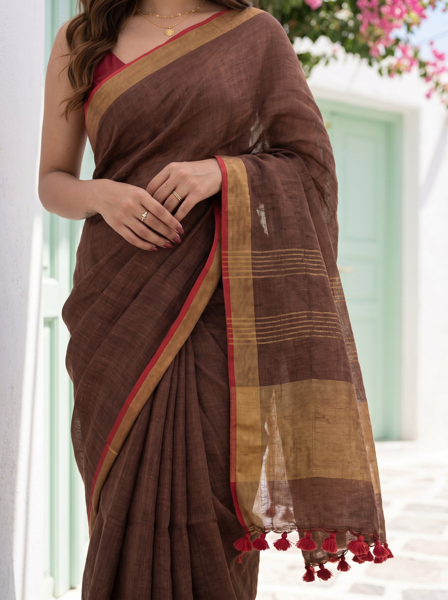 Double Espresso - Brown Pure Handloom Linen Saree with Zari Border