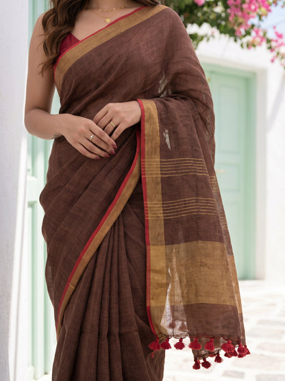 Double Espresso - Brown Pure Handloom Linen Saree with Zari Border