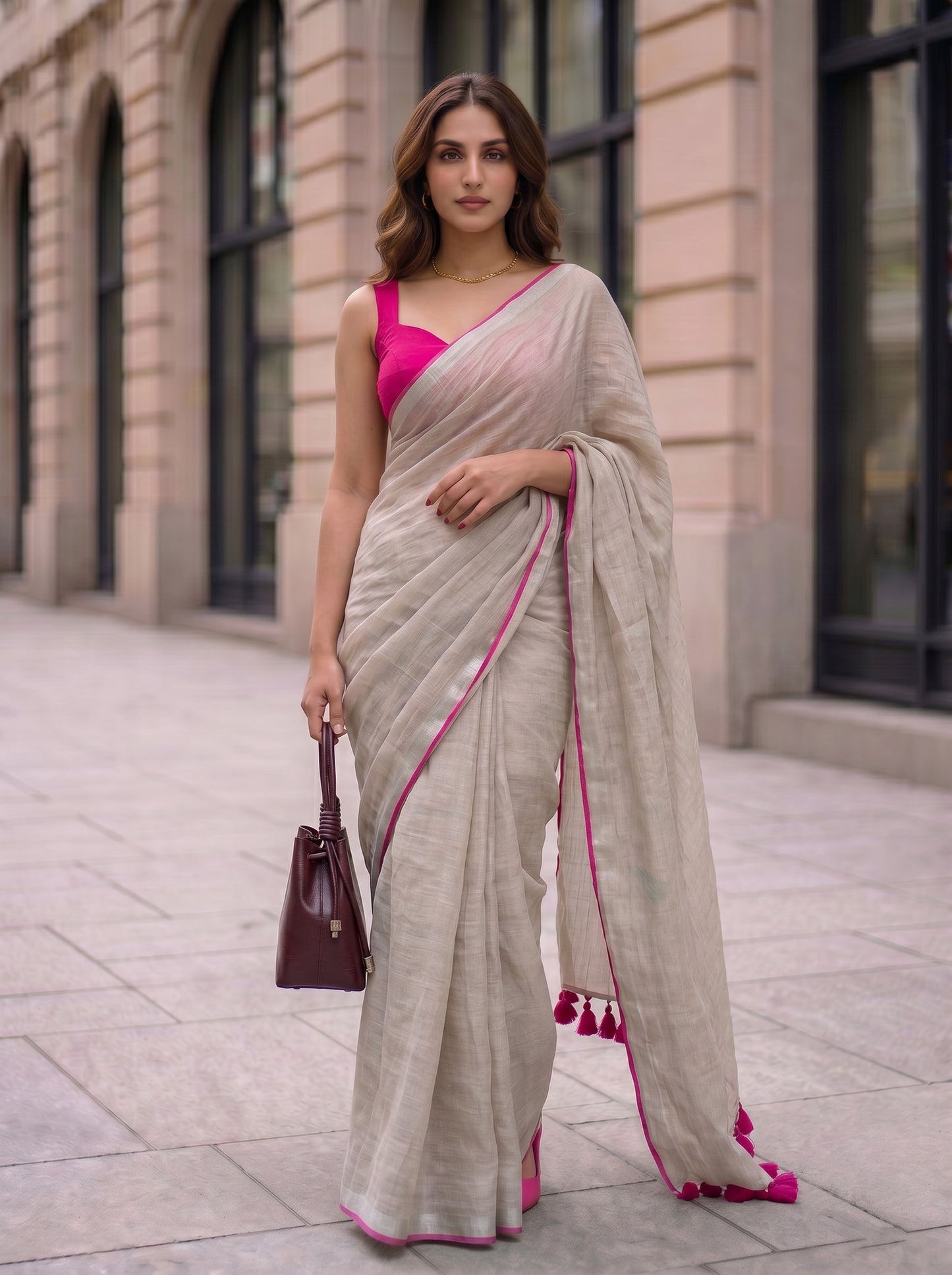 The Go to - Ivory Pure Handloom Linen Saree with Zari Border