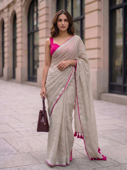 The Go to - Ivory Pure Handloom Linen Saree with Zari Border