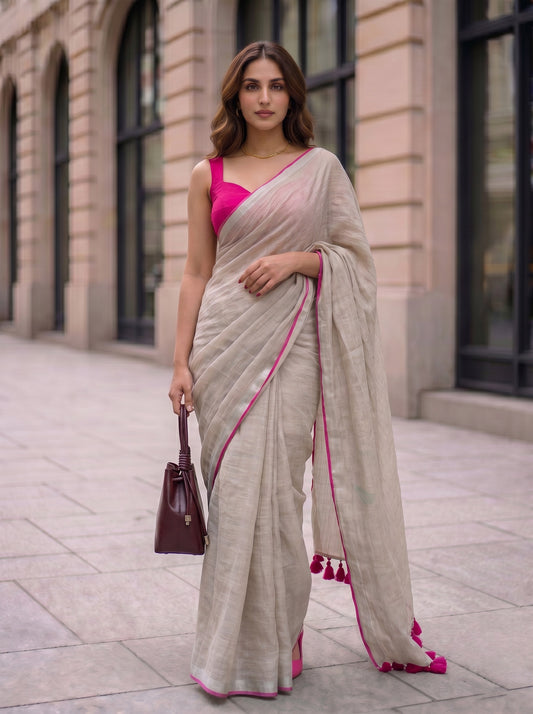 The Go to - Ivory Pure Handloom Linen Saree with Zari Border