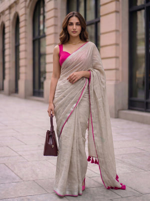The Go to - Ivory Pure Handloom Linen Saree with Zari Border