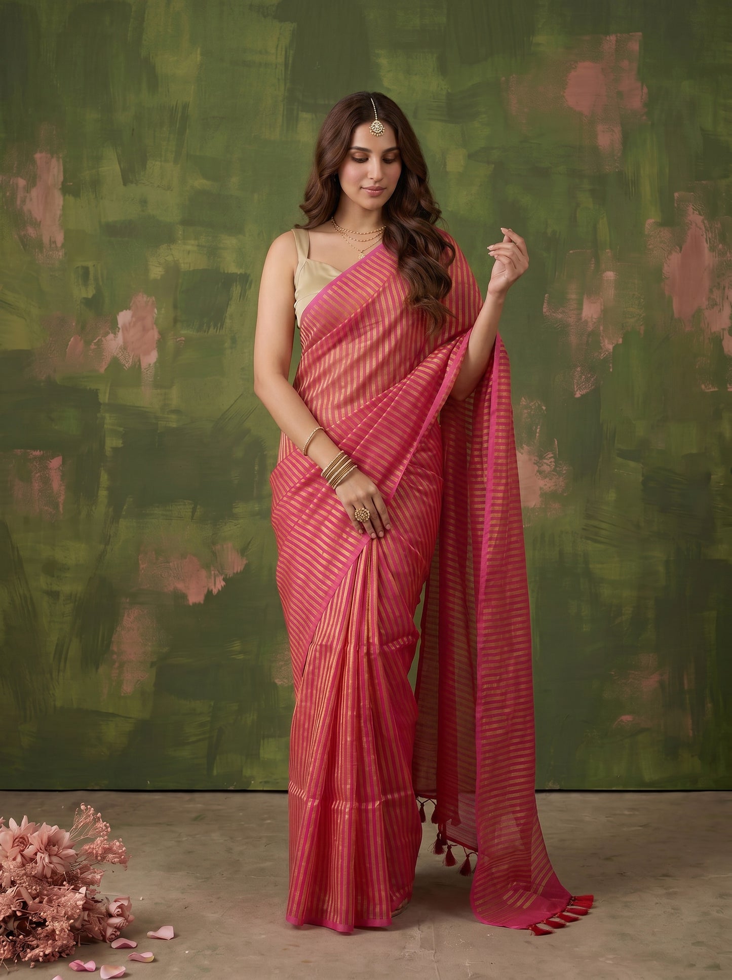 Arohi - Pink Striped Mul Cotton Zari Saree