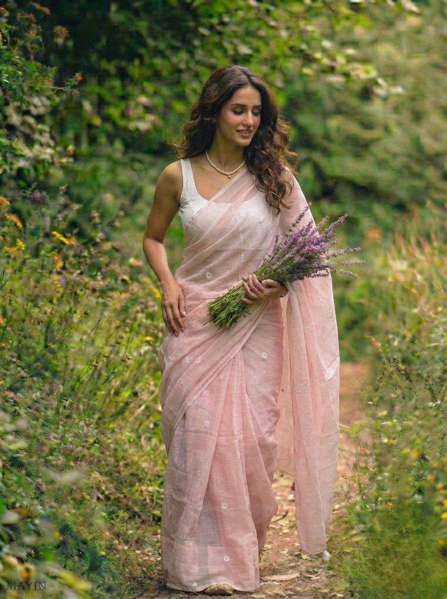 Feather Pink Muslin Handloom Jamdani Saree