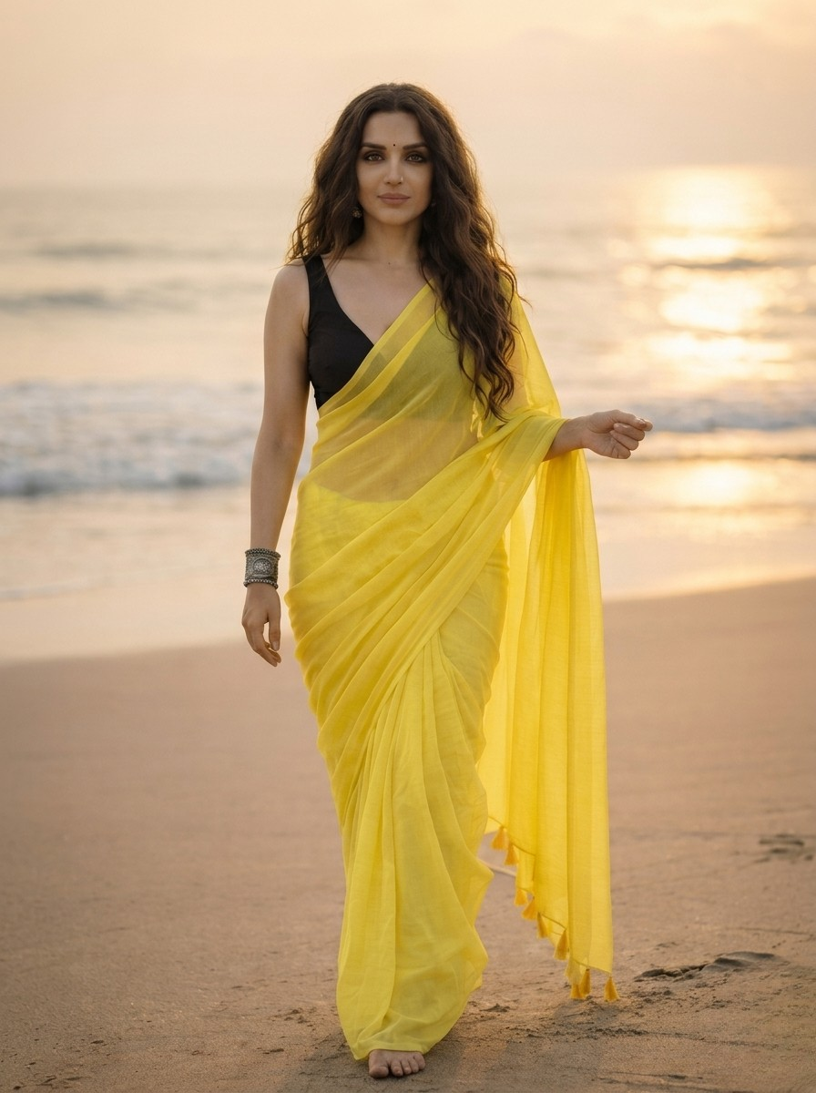 Lemonade - Plain Yellow Mul Cotton Saree