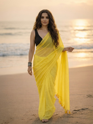 Lemonade - Plain Yellow Mul Cotton Saree
