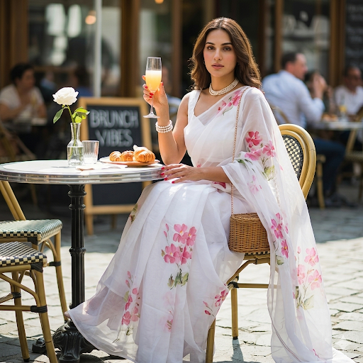 English Primrose - White Floral Hand Painted Pure Chiffon Saree