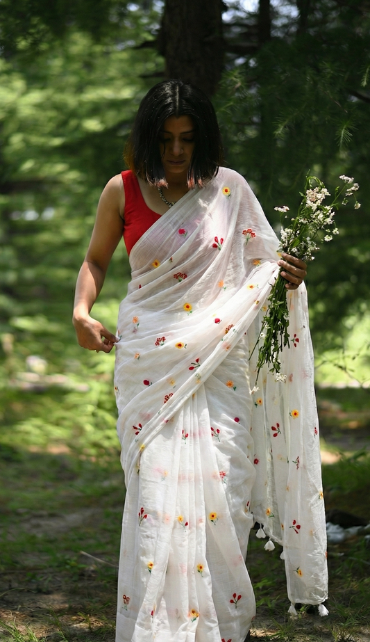 Gardenalia White Mul Saree