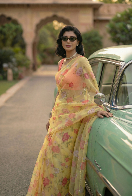 Vintage Yellow Chiffon Saree