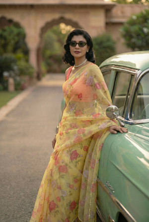 Vintage Yellow Chiffon Saree