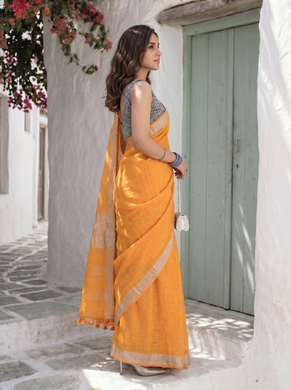 Golden Hour - Mustard Yellow Pure Handloom Linen Saree with Zari Border