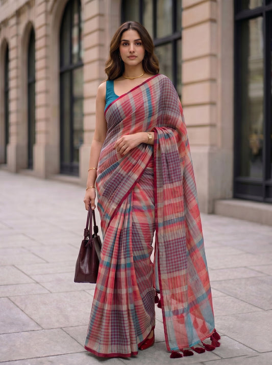 Corner Office - Multicolour Checked Pure Handloom Linen Saree