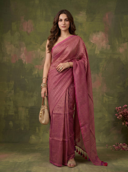 Meera - Magenta Striped Mul Cotton Zari Saree