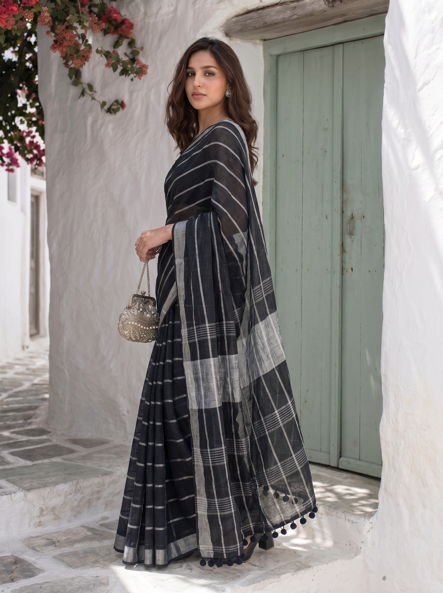 Line Item - Black Striped Pure Handloom Linen Saree with Zari Border