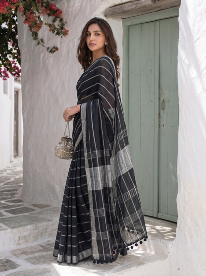 Line Item - Black Striped Pure Handloom Linen Saree with Zari Border