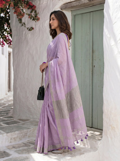 Calm - Lavender Purple Pure Handloom Linen Saree with Zari Border