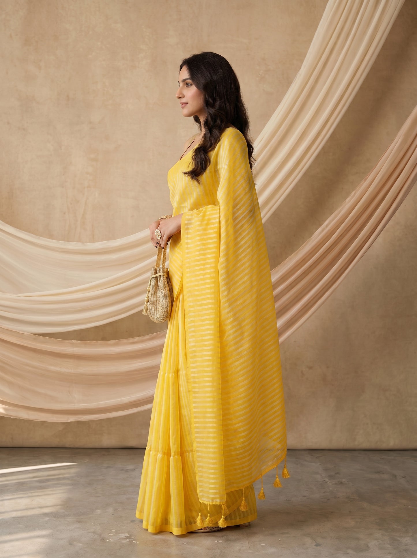 Samriddhi - Yellow Striped Mul Cotton Zari Saree