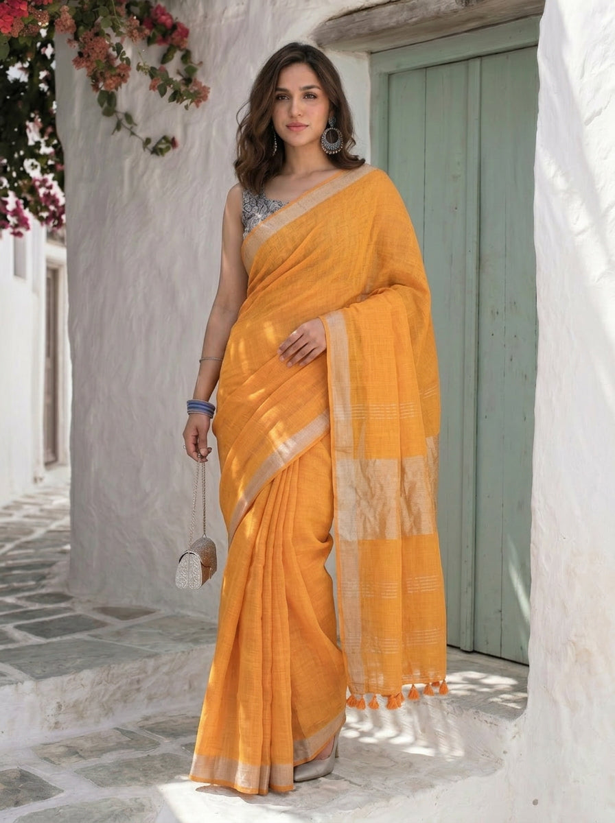 Golden Hour - Mustard Yellow Pure Handloom Linen Saree with Zari Border