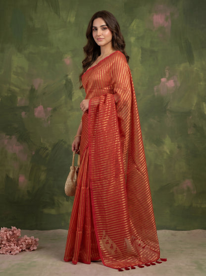 Manjari - Red Striped Mul Cotton Zari Saree