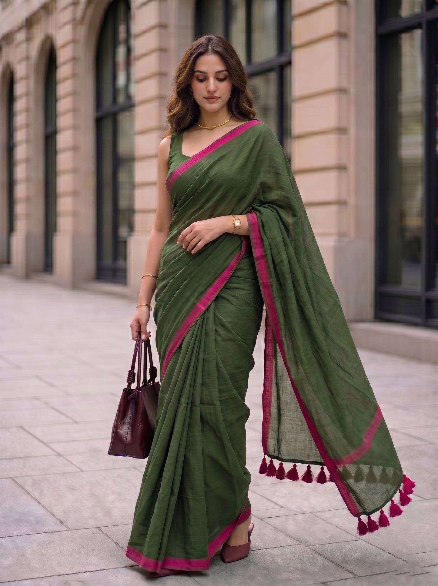 Pink Guava - Green Mulmul Cotton Saree with Pink Border