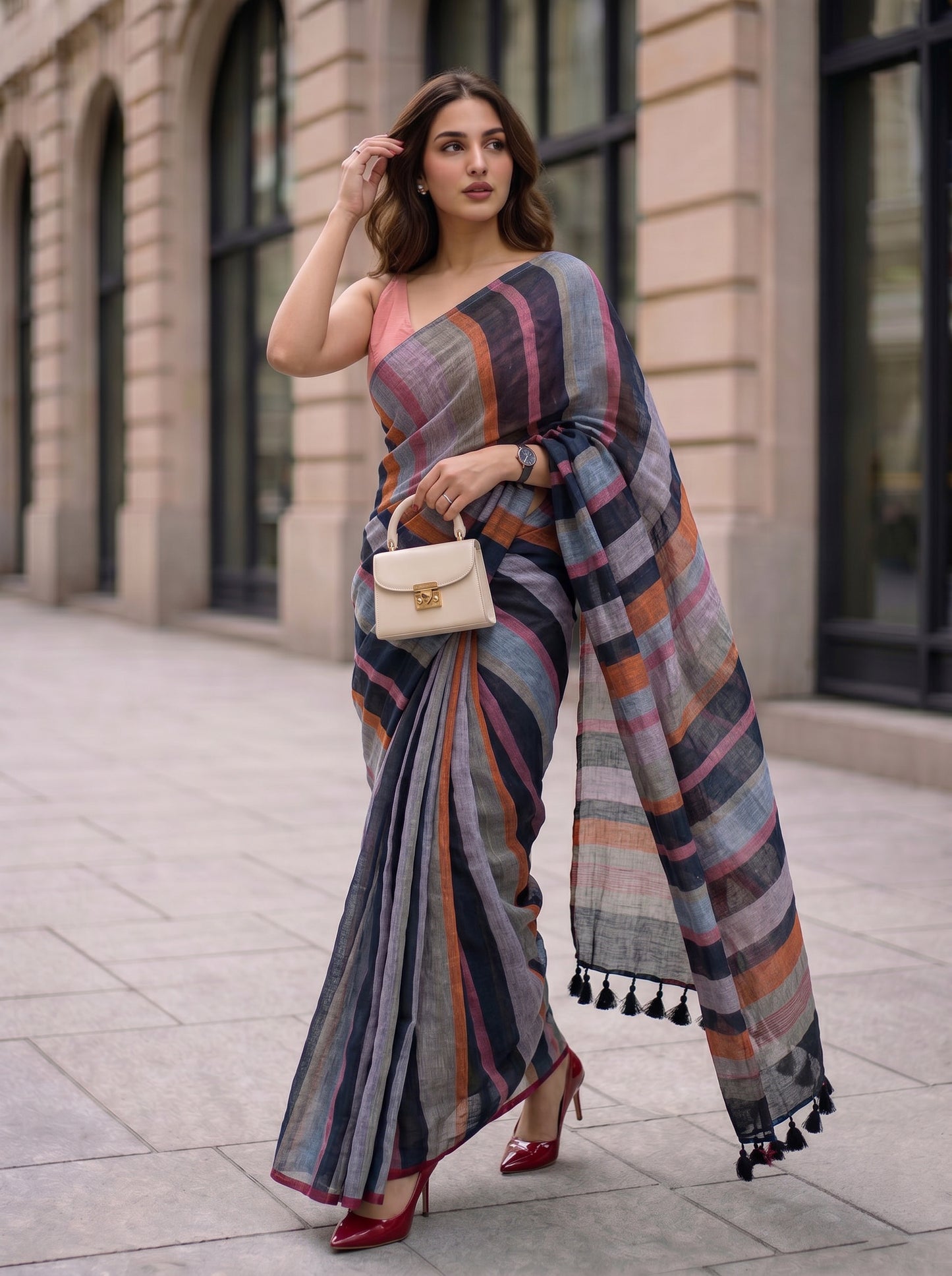 Crosswalk - Multicolour Striped Pure Handloom Linen Saree