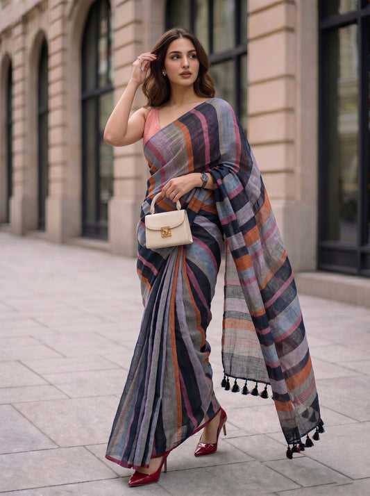 Crosswalk - Multicolour Striped Pure Handloom Linen Saree