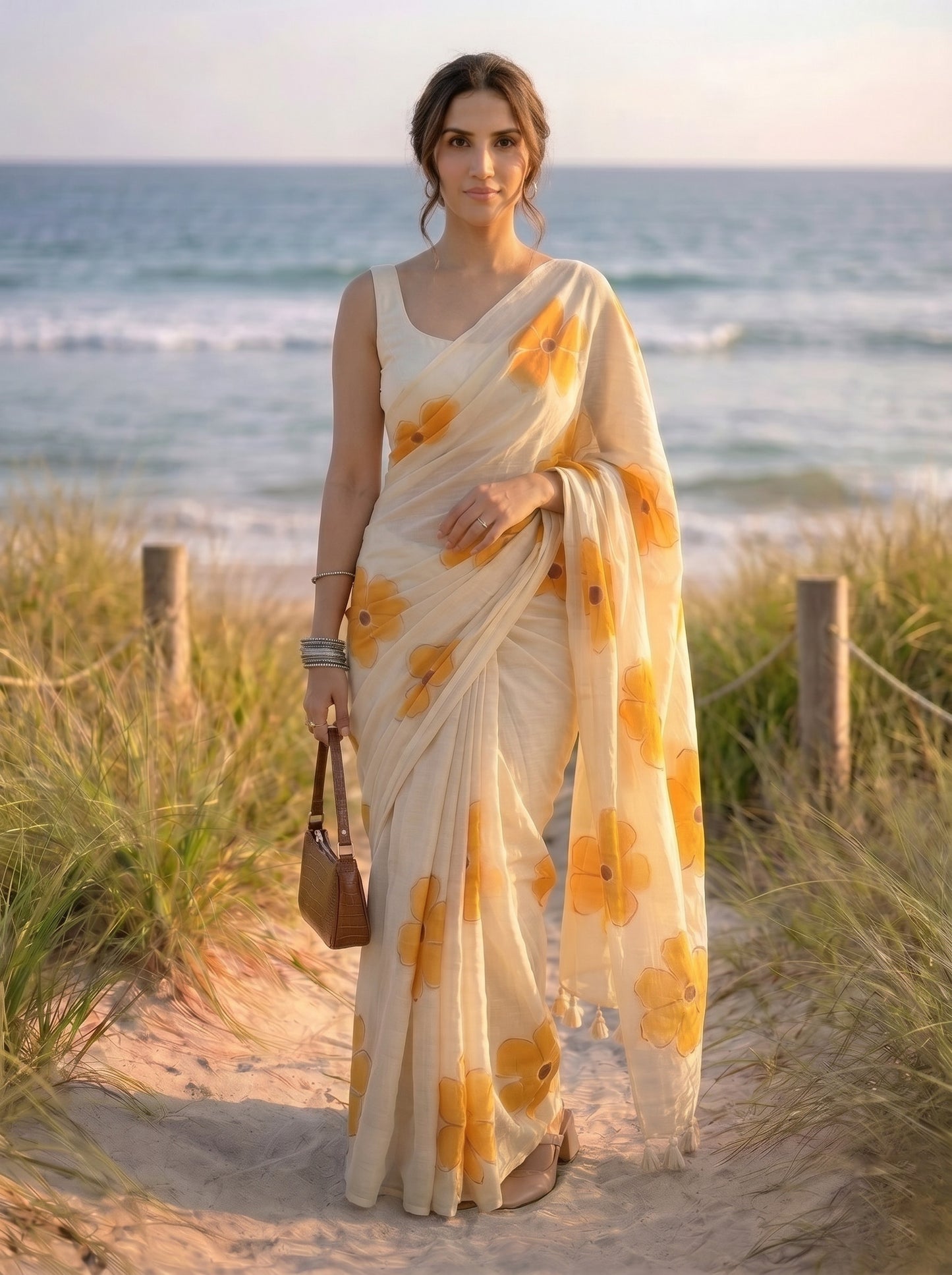 Apricot Bloom - Beige Handpainted Mul Cotton Saree