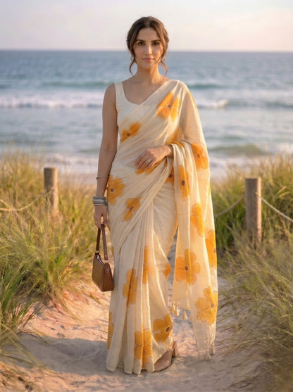 Apricot Bloom - Beige Handpainted Mul Cotton Saree