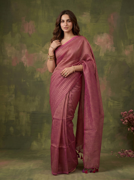 Meera - Magenta Striped Mul Cotton Zari Saree