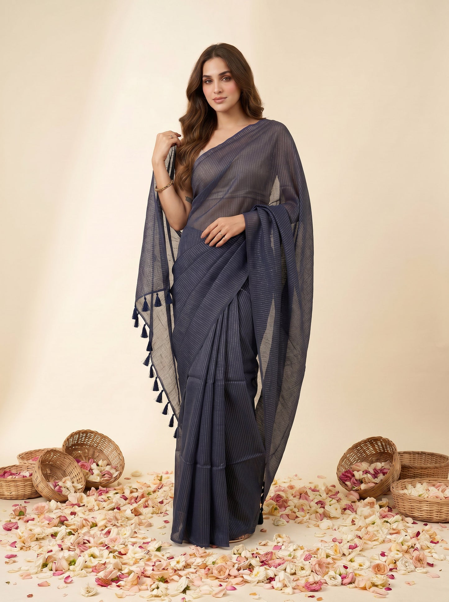 Magic At Midnight - Blue Striped Mul Cotton Zari Saree