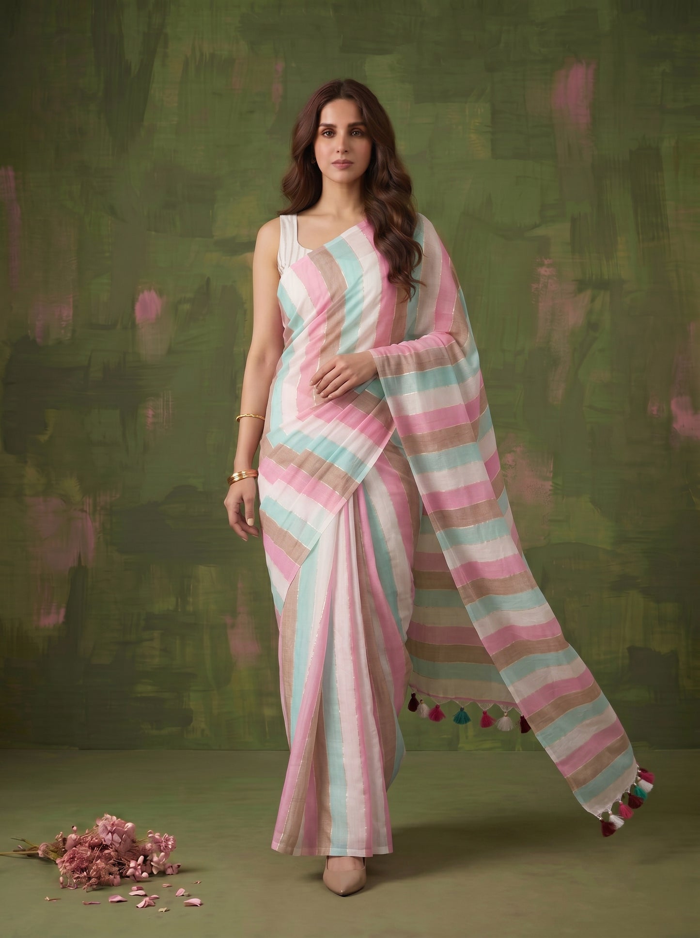 Aabroo - Multicolour Striped Sequin Saree